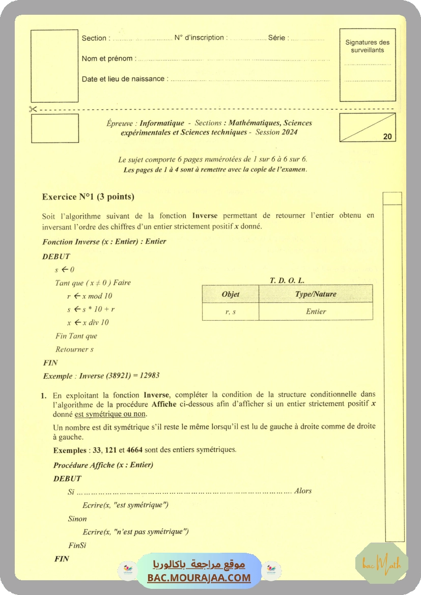 Sujet principale info Bac 2024 – Section math